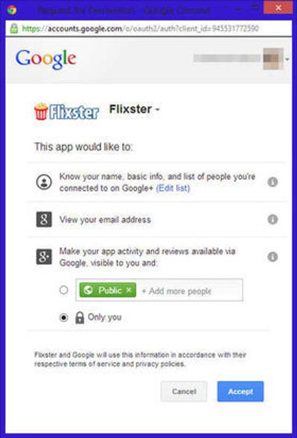 Filmatjenesten Flixster er blant de første som har tatt i bruk Google+ Sign-In. Her vises dialogen om hvilken informasjon Flixster ønsker fra brukerens Google+-konto. Brukeren har noen  valgmuligheter. <i>Bilde: digi.no</i>