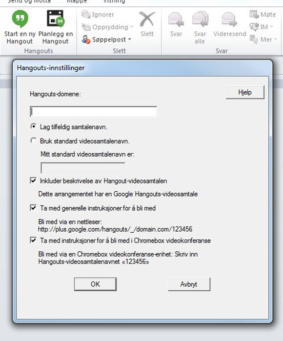 De nye knappene som Googles Hangout-plugin opprettet i Outlook. Ved første gang start av en Hangout blir man møtt med dette dialogvinduet. Men i utgangspunktet holder det å klikke &quot;OK&quot;. <i>Bilde: digi.no</i>