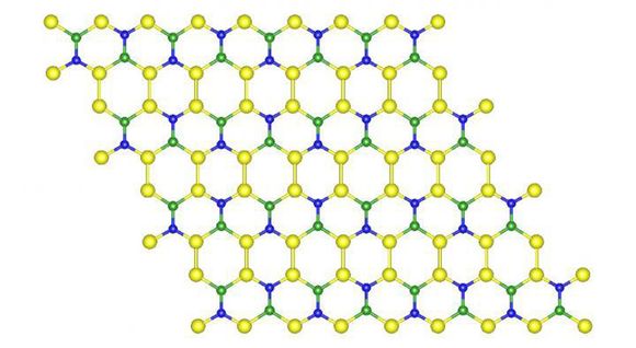 Denne sammensetningen av silisium (gult), bor (grønt) og nitrogen (blått) gir et materiale som kan være minst like sterkt og fleksibelt som grafén, bare billigere og med flere bruksområder. <i>Foto: Madhu Menon</i>
