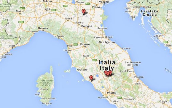 Fra fem til femti: Aega har eier i øyeblikket de fem solparkerne Magnacavallo i nord, Montalto di Castro i Lazio, samt Narni, Amelia og Terni i Umbria. Alle har en installert effekt på 1 MW med en forventet årsproduksjon på mellom 1.300.000 og 1.400.000 kilowattimer. <i>Kart: Google Maps/Teknisk Ukeblad</i>