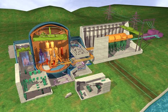 PWR-reaktor: Et PWR-lettvannsreaktor har to kretser for varmeoverføring. Vann blir holdt under høyt trykk av trykkammeret og sirkuleres av reaktorens kjølepumper i primærkretsen (rødt), som overfører varmen fra reaktoren til sekundærkretsene i dampgeneratoren. Reaktorens kraft kontrolleres av kontrollstaver. Trykket i sekundærkretsen er mye lavere enn i primærkretsen, noe som får vannet i dampgeneratoren til å koke. Dampen fra dampgeneratoren får turbinen (til høyre) til å rotere og produserer strøm. Dampen fra turbinen kjøles ned til vann i kondensatoren med sjøvann. Kondensert vann mates så tilbake til dampgeneratoren, mens det varme kjølevannet pumpes tilbake til sjøen. <i>Foto: TVO</i>