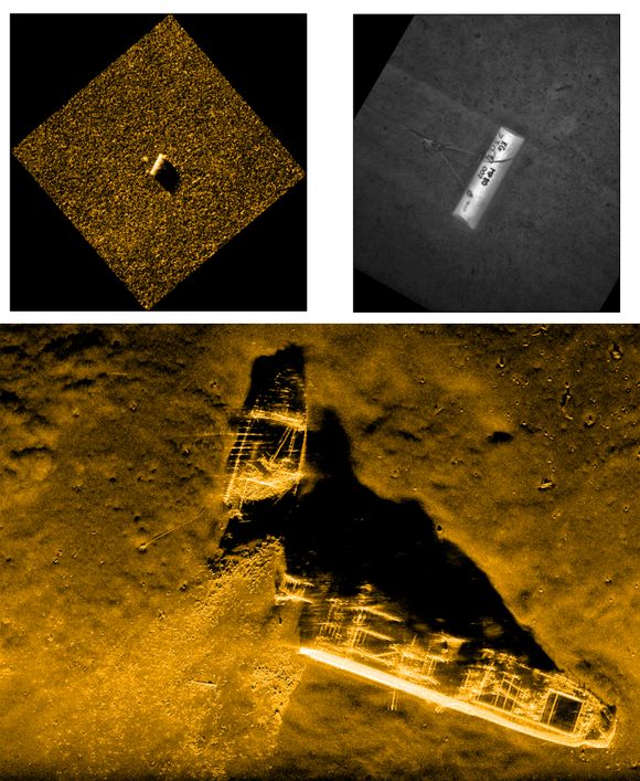 Kartlegging: Hugin har fotografert gamle skipsvrak med ammunisjon. Bildet er tatt med en HISAS 1030 syntetisk aperture-sonar, i 25 meters flyvehøyde på cirka 628 meters dyp. De to bildene øverst viser hvordan Hugin oppdager et mistenkelig objekt, dykker nærmere gog tar nye bilder for sikker identifisering av eventuell mine. <i>Foto: FFI/Hugin</i>