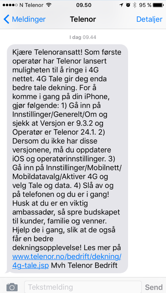 Her er tekstmeldingen Telenor sendte til 20.000 bedriftskunder i morges. <i>Foto: Leserbidrag</i>