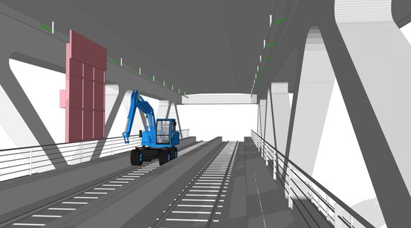 Krevende: To toglinjer går mellom de sikksakk-formede stålkonstruksjonene, inkludert en 26.000 volts kjøreledning. Malerobotene må skjermes fra spenningen og kjørende tog, samtidig som togene må skjermes fra å bli sprayet med maling. <i>Foto: Øresundsbron</i>