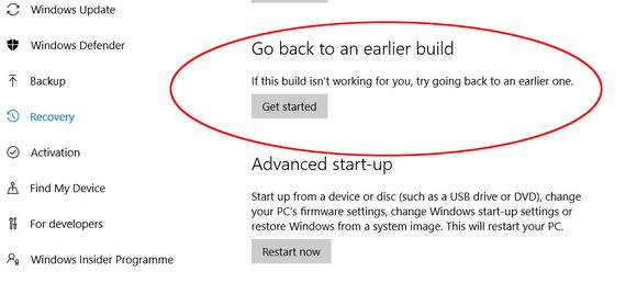 Herfra kan man rullet Windows 10 tilbake til en tidligere versjon, i engelskspråklige utgaver av Windows 10. <i>Foto: Skjermbilde</i>
