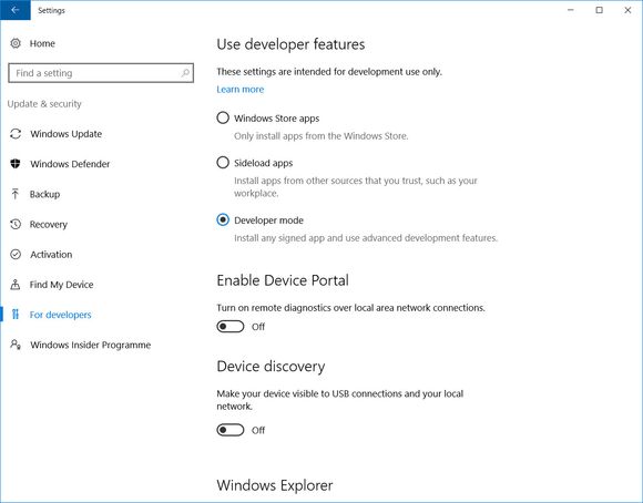 Aktiver utviklermodus i Windows 10. <i>Foto: digi.no</i>