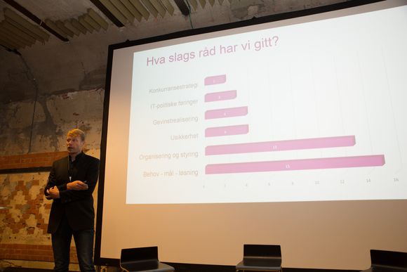 Her trykker skoen: Magne Jørgensen med en graf som viser hva slags råd de har gitt. <i>Bilde: Marius Jørgenrud</i>