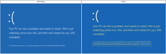 Den falske blåskjermen (til høyre), sammenlignet med den ekte (til venstre) i Windows 8.x og 10. <i>Foto: Microsoft</i>
