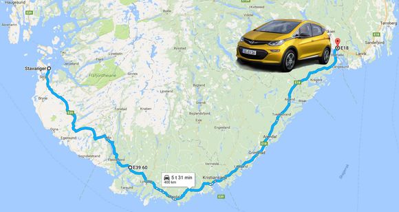 Ampera-e har antakeligvis en praktisk rekkevidde på rundt 400 kilometer. <i>Foto: Google Maps/Opel/montasje</i>