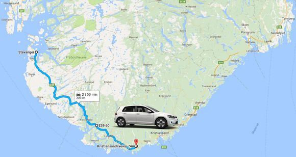 Volkswagen har tidligere sagt at nye e-golf får en praktisk rekkevidde på 200 kilometer. <i>Foto: Google Maps/Volkswagen/montasje</i>