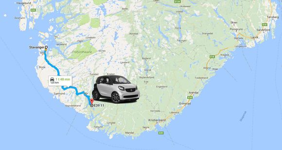 Nye Smart får trolig en praktisk rekkevidde på rundt 12 mil. <i>Foto: Google Maps/Daimler/montasje</i>