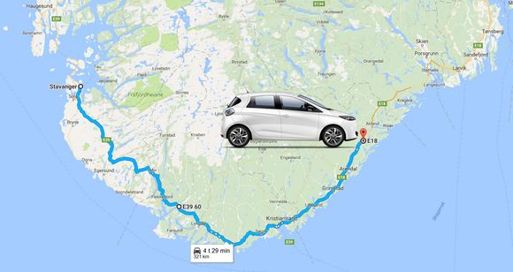 Renault oppgir en praktisk rekkevidde på inntil 321 kilometer for nye Zoe. <i>Foto: Google Maps/Renault/montasje</i>