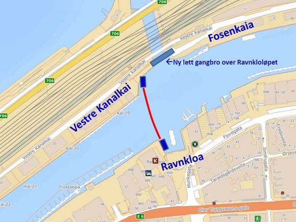 Den autonome kanalfergen skal krysse kanalen fra Ravnkloa til Vestre Kanalkai i Trondheim. <i>Foto: NTNU</i>