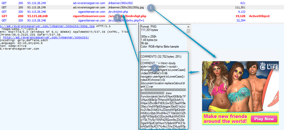 En falsk annonse inneholder kode som hentes fra kommentarfeltet til en PNG.fil. <i>Foto: Skjermbilde fra Proofpoint.com</i>