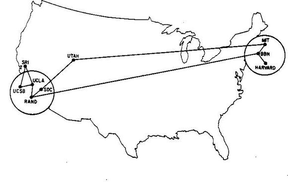 ARPANET i juni 1970. <i>Foto: Heart, F., McKenzie, A., McQuillian, J., and Walden, D., ARPANET Completion Report, Bolt, Beranek and Newman, Burlington, MA, January 4, 1978.</i>