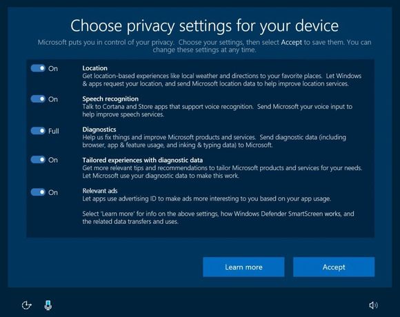 Ved installasjon av eller oppgradering til Windows 10 skal brukerne kunne foreta mer informerte valg om hvilke data som skal kunne deles med Microsoft. <i>Bilde: Microsoft</i>
