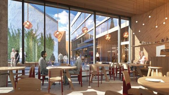 Det vil blant annet bli en egen restaurant i det ny næringsbygget som stod innflyttingsklart i januar 2017. <i>Foto: Skanska</i>