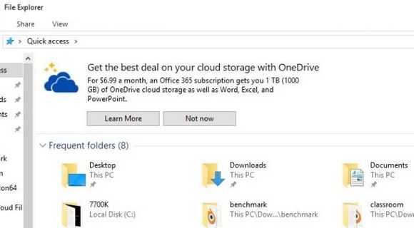 Microsoft har begynt å reklamere for Onedrive i sin filutforsker. Det er ikke første gang Microsoft har reklamert for egne produkter i Windows 10. – Dette imponerer meg ikke i det hele tatt skriver Extremetech skribent Joel Hruska. <i>Foto: Faksimile/Extremetech</i>
