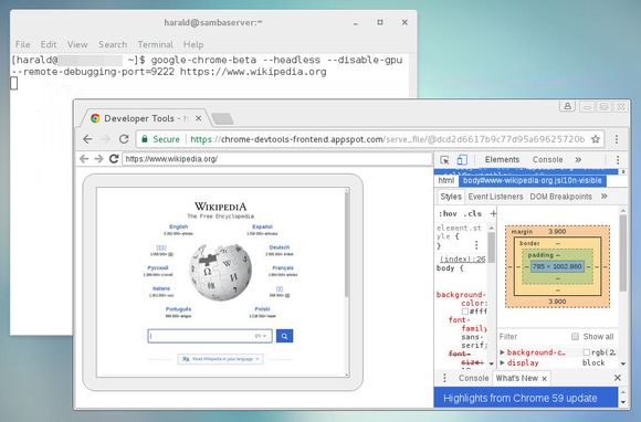 Her har vi i på en Linux-maskin åpnet forsiden til Wikipedia i Chromes headless-modus, samtidig som vi har skrudd på fjerndebugging og lastet dette inn i en annen versjon av Chrome. <i>Bilde: digi.no</i>