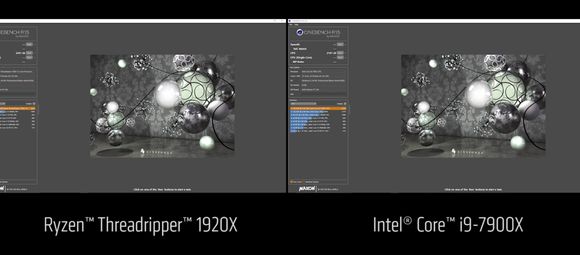 I en Youtube-video demonstrerte AMD at de kjørte Cinebench 15 på en Ryzen Threadripper 1920X og en Intel Core i9-7900X. <i>Foto: Skjermdump fra Youtube</i>
