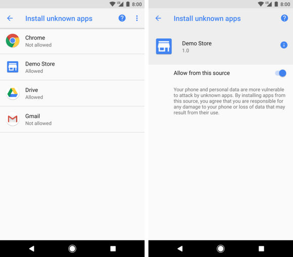 I Android 8.0 får brukerne oversikt over hvilke apper som har tillatelse til å installere andre apper fra ukjente kilder.. <i>Foto:  Google</i>