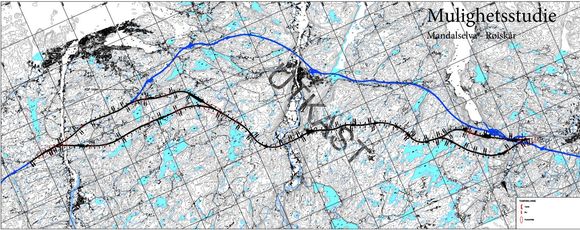 Dette kartet viser den alternative trassen, som også trolig blir valgt, med blå strek. <i>Foto:  Nils Bernt Rinde</i>