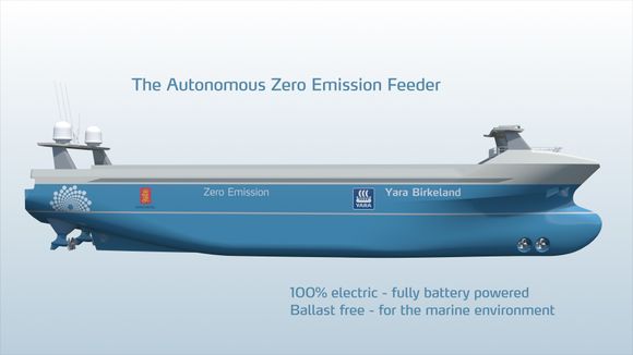 Elektrisk framdrift, autonomt fra 2020. Dette blir verdens første nullutslipps containerskip uten bru og mannskap. <i>Foto:  Yara/Kongsberg Maritime</i>