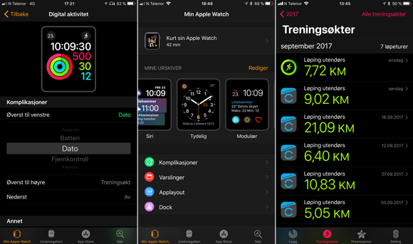 I Apple Watch-appen på iPhone kan du sette opp klokken, laste ned nye apper, og så videre (mye kan gjøres direkte fra klokken også). Aktivitetsappen (til høyre) på iPhone viser treningsøkter fra både Apple Watch og andre enheter – i dette tilfellet også en Garmin-klokke.