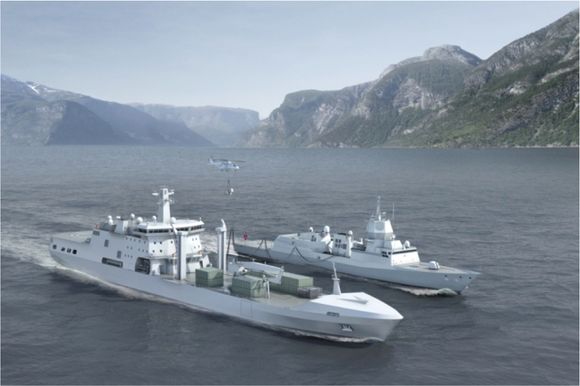 Illustrasjon av KNM Maud sammen med en fregatt i Fridtjof Nansen-klassen. <i>Bilde:  Forsvaret</i>