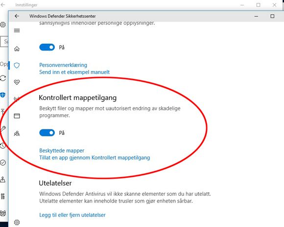 Her kan man aktivere Kontrollert mappetilgang i den nye Windows 10 Fall Creators Update. <i>Bilde: digi.no</i>