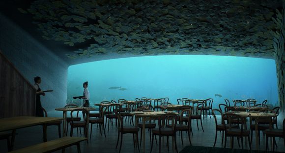 UTSIKT: Restaurantens gjester får en spektakulær utsikt under vann. <i>Bilde:  MIR og Snøhetta</i>