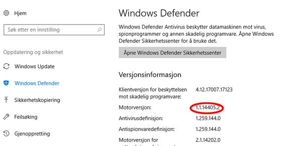 Windows-brukere som benytter sikkerhetsprogramvare fra Microsoft, bør forsikre seg om at Microsoft Malware Protection Engine nylig har blitt oppdatert. <i>Skjermbilde: digi.no</i>
