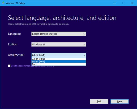 Husk å velge riktig arkitektur før du laster ned Windows 10-installasjonsfilene. Valgmulighetene åpnes ved at man fjerner avkrysningen for anbefalte valg. <i>Skjermbilde: digi.no</i>