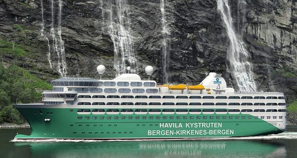  Per Sævik etablerte eget selskap, Havila Kystruten, for å konkurrere med Hurtigruten ASA. Skipene skal være på grønne ved bruk av LNG og batterier. Skipene blir 125 meter lange, 20 meter brede og har plass til 700 personer. <i>Bilde:  Havyard Group/Havila Kystruten</i>