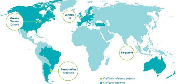 Storbyene London, Singapore, Toronto og Buenos Aires har tatt i bruk lysstyringssystemet Philips CityTouch. Nå føyer også Bergen seg i rekken. <i>Illustrasjon:  Philips Lighting</i>