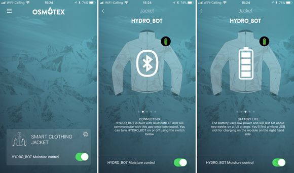 I første omgang vil appen kontrollere jakke og fortelle om batteristatus. I neste omgang vil dette bli en plattform for smarte klær. <i>Foto:  Osmotex</i>