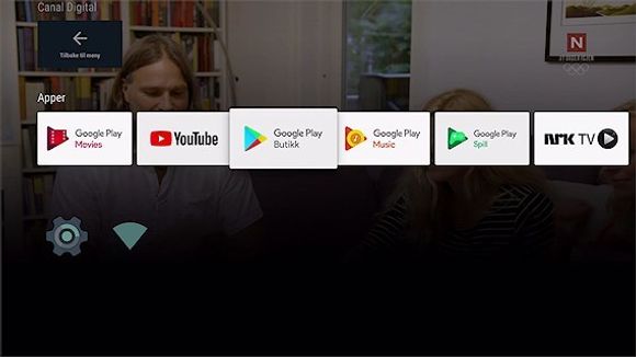 Alle Google-appene ligger på rekke og rad når du trykker Google-knappen på fjernkontrollen. Fra denne siden kan du også søke på tvers av alt du har av apper – inkludert Canal Digitals TV-app. <i>Foto:  Canal Digital</i>