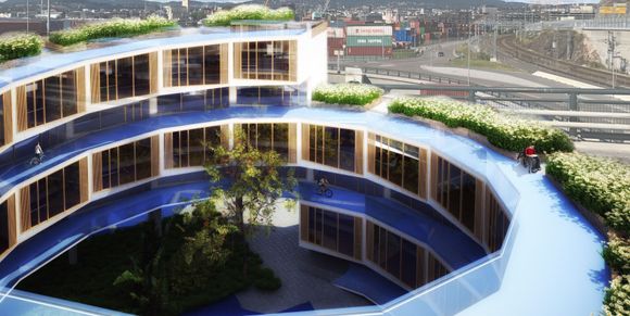 Spiraltegnet boligbygg som gjør det enkelt for beboerne å sykle inn og ut av leiligheten sin. <i>Foto: Cycle Space</i>