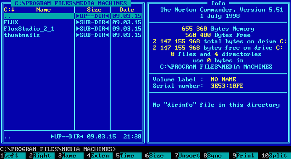 Norton Commander v.5.51 var den siste utgaven av programvaren som ble utgitt til MS-DOS. Den lever videre i klonen Midnight Commander, som er tilgjengelig for blant annet MacOS og Linux-baserte operativsystemer. <i>Skjermbilde: Wikipedia</i>