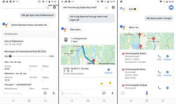Google Assistent kan gi deg mye informasjon relatert til reiser, som for eksempel flytider, reisetid mellom hjem og jobb. Den kan også fortelle deg åpningstidene til butikker og restauranter, eller gi deg værmeldingen.