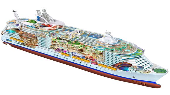 Illustrasjon av Oasis of the Seas. Skipet har parker, teater i vann, zipline og karuseller, for å nevne noe.