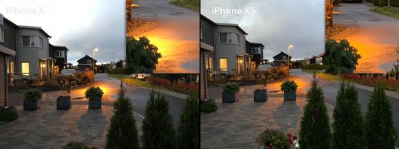 iPhone XS (til høyre) får med mer detaljer og nyanser i de aller lyseste og mørkeste områdene av bildet enn iPhone X. Begge bildene er tatt med auto-innstillinger (klikk for større bilde). <i>Foto:  Kurt Lekanger</i>