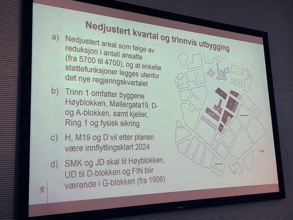 Dette er regjeringens plan for trinnvis bygging av regjeringskvartalet. <i>Foto:  Tuva Strøm Johannessen</i>