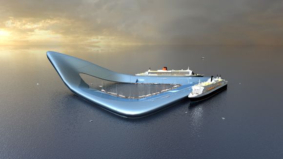 Cruiseterminal: Denne illustrasjonen viser hvordan cruisebåtene kan legge til ved et flytende kaianlegg. <i>Foto:  Waterstudio</i>