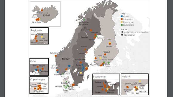 Figuren viser betydelige datasenterinvesteringer som er i drift, under bygging/planlegging eller der areal er satt av til regulering. En rekke mindre datasentre og co-lokaliseringssentre er ikke med på kartet. <i>Illustrasjon:  Cowi</i>