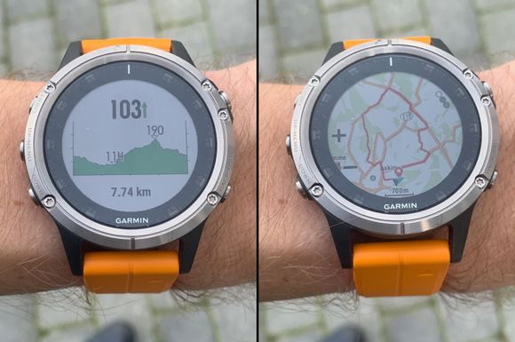 Etter en aktivitet (i dette tilfellet en løpetur) får du opp et kart over løypa, samt en høydeprofil. Bildet er fra Garmin Fenix 5 Plus, men dette er likt på Fenix 5X Plus-modellen. <i>Foto:  Kurt Lekanger</i>