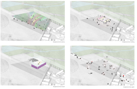 Prosjektskissen viser ulike scenarioer for bruk av «Mulighetsrommet» i bygget. <i>Faksimile:  K Nordang AS/Peab/Link arkitektur</i>