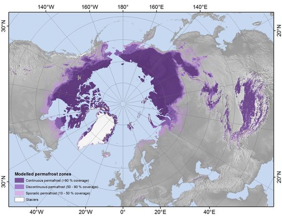 De fargede områdene på kartet viser hvor det i dag er permafrost. Den sørlige grensen beveger seg nordover år for år. <i>Kart:  Universitetet i Oslo</i>