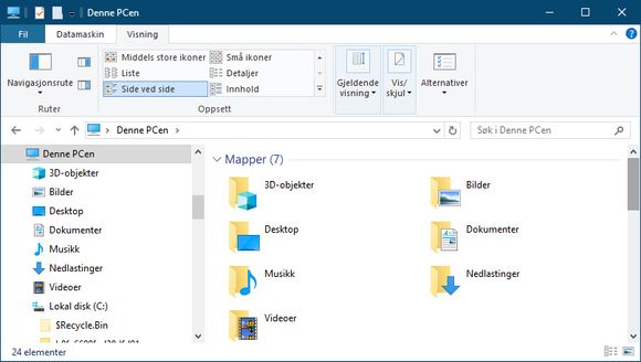 I Filutforsker-verktøyet i Windows 10 kan man se mappene som er mest aktuelle for flytting ved å velge «Denne PCen». <i>Skjermbilde: digi.no</i>