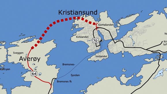 Atlanterhavstunnelen er 5,7 km lang. Tidligere gikk det ferge mellom Kristiansund og Bremsnes på Averøya. <i>Ill:  Statens vegvesen</i>